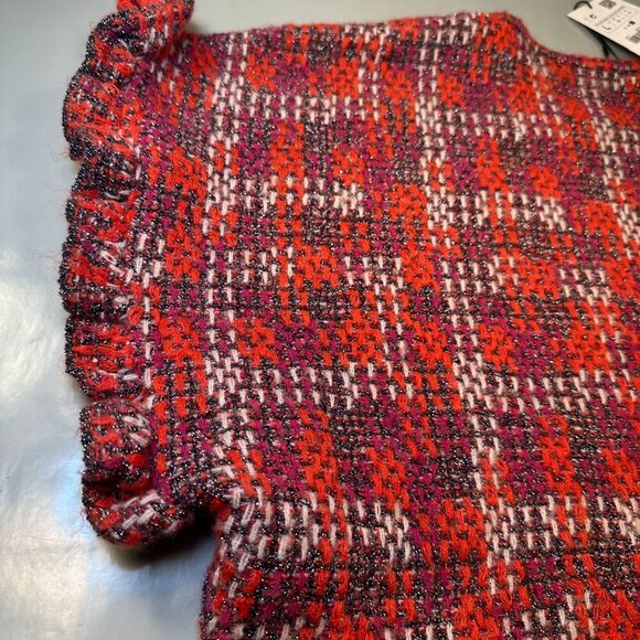 Zara Cropped Blouse Plaid Tweed Sweater Top Womens Knit Ruffled Sleeves Wool - Picture 5 of 16